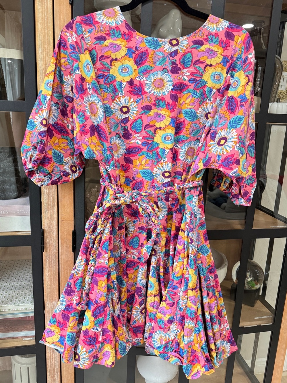 Floral flouncy dress ruffle pleated fit & flare tie waist braided colorful